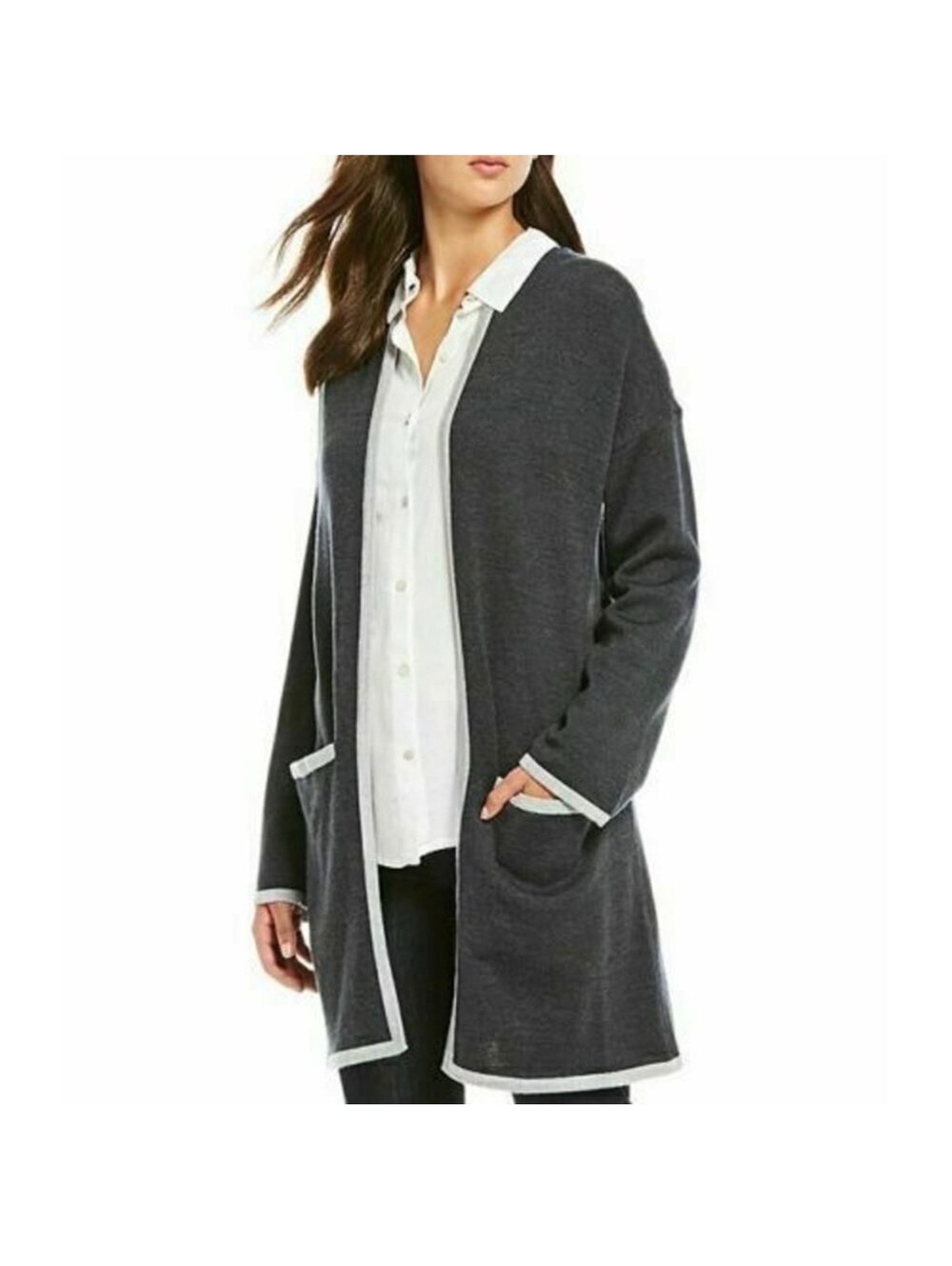 Eileen Fisher Merino Wool Long Cardigan Gray Contrast Trim Pockets Size M